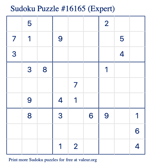 Free Printable Expert Sudoku Puzzle number 16165