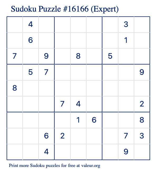 Free Printable Expert Sudoku Puzzle number 16166