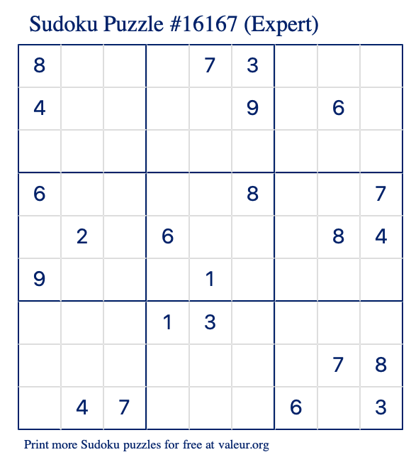 Free Printable Expert Sudoku Puzzle number 16167