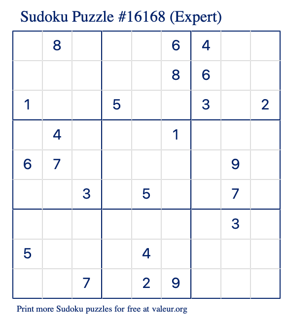 Free Printable Expert Sudoku Puzzle number 16168