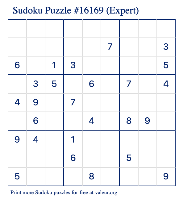 Free Printable Expert Sudoku Puzzle number 16169