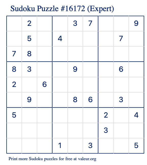 Free Printable Expert Sudoku Puzzle number 16172