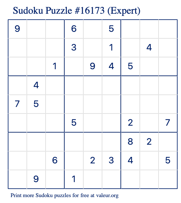 Free Printable Expert Sudoku Puzzle number 16173