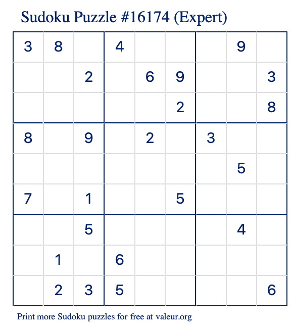 Free Printable Expert Sudoku Puzzle number 16174