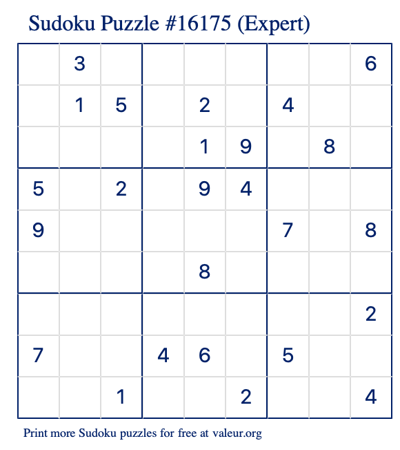 Free Printable Expert Sudoku Puzzle number 16175