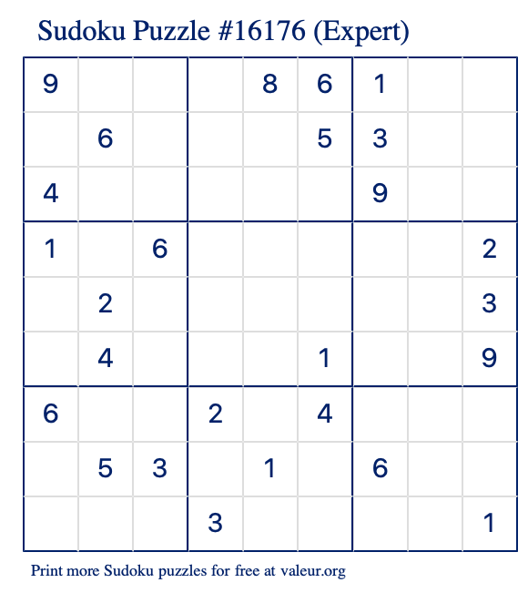 Free Printable Expert Sudoku Puzzle number 16176