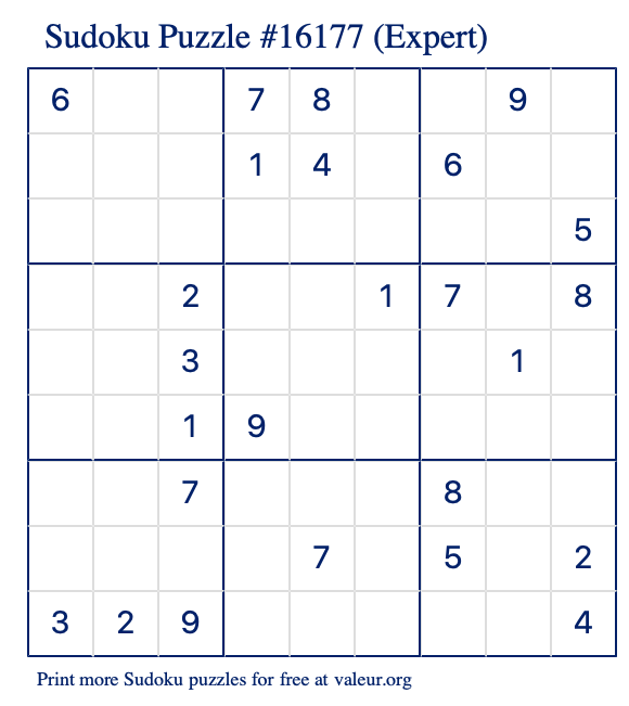 Free Printable Expert Sudoku Puzzle number 16177
