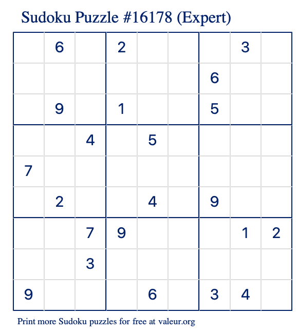 Free Printable Expert Sudoku Puzzle number 16178