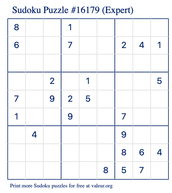 Free Printable Expert Sudoku Puzzle number 16179