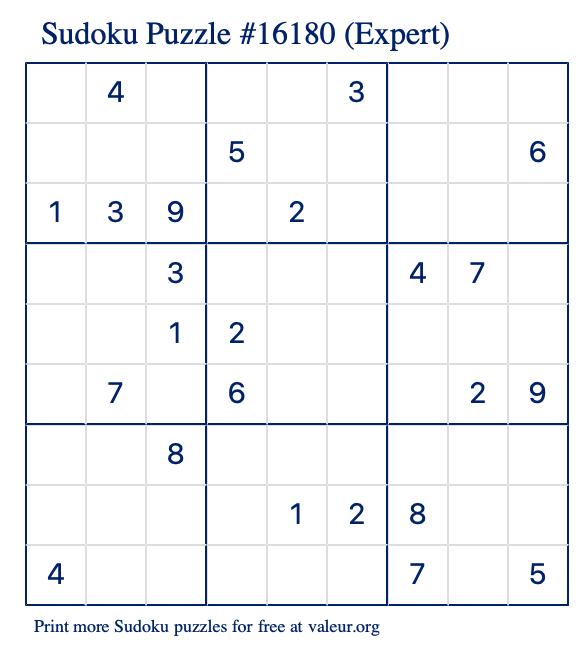 Free Printable Expert Sudoku Puzzle number 16180