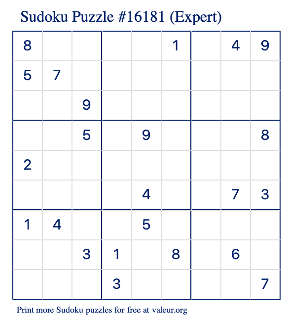 Free Printable Expert Sudoku Puzzle number 16181