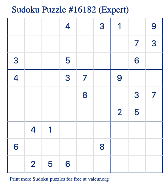 Free Printable Expert Sudoku Puzzle number 16182