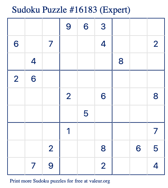 Free Printable Expert Sudoku Puzzle number 16183