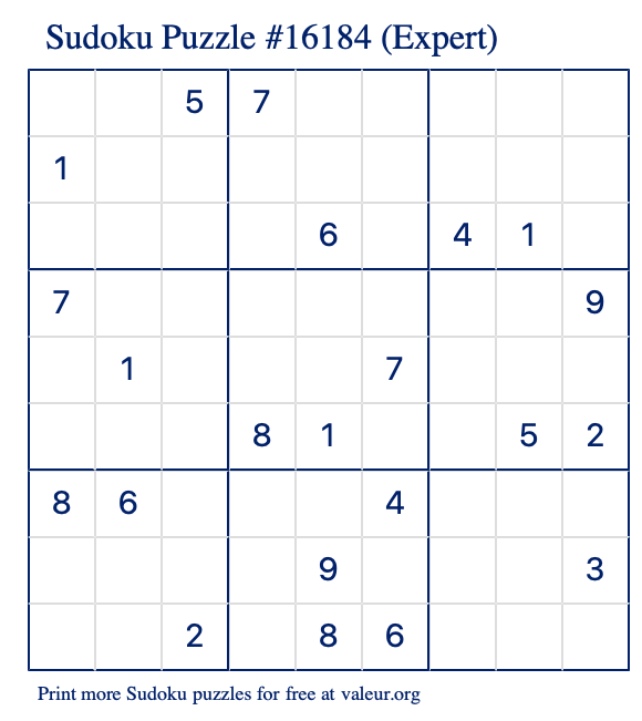 Free Printable Expert Sudoku Puzzle number 16184