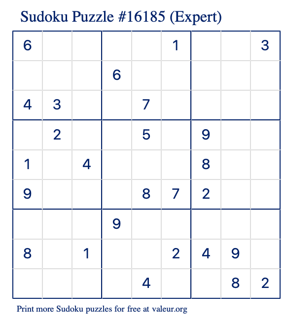Free Printable Expert Sudoku Puzzle number 16185