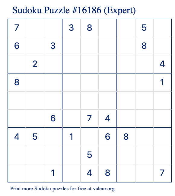 Free Printable Expert Sudoku Puzzle number 16186