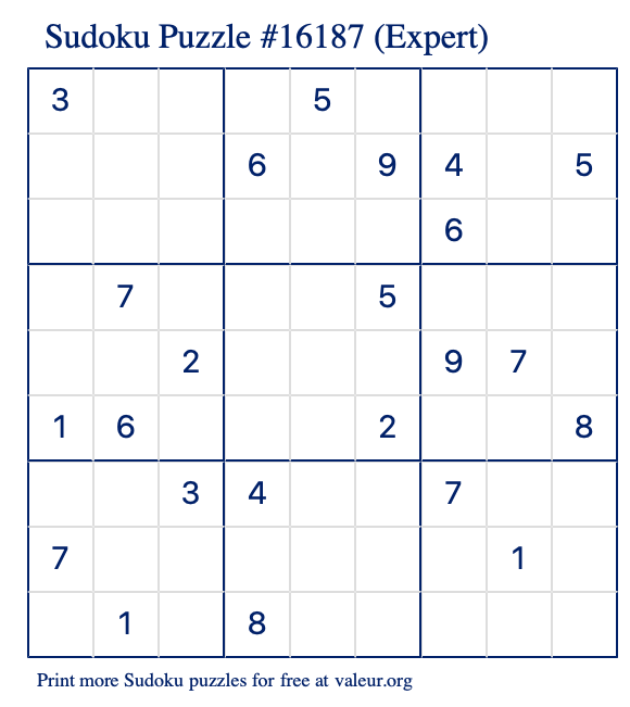 Free Printable Expert Sudoku Puzzle number 16187