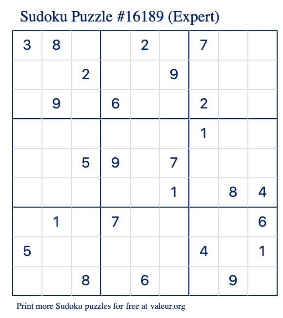 Free Printable Expert Sudoku Puzzle number 16189