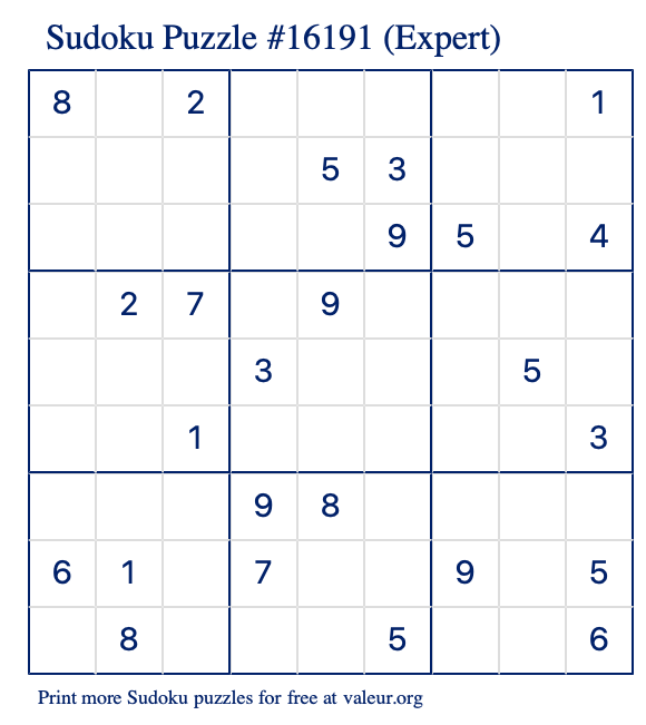 Free Printable Expert Sudoku Puzzle number 16191