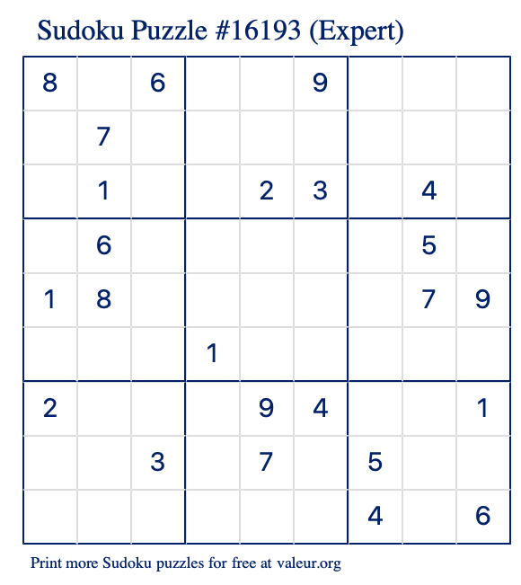 Free Printable Expert Sudoku Puzzle number 16193