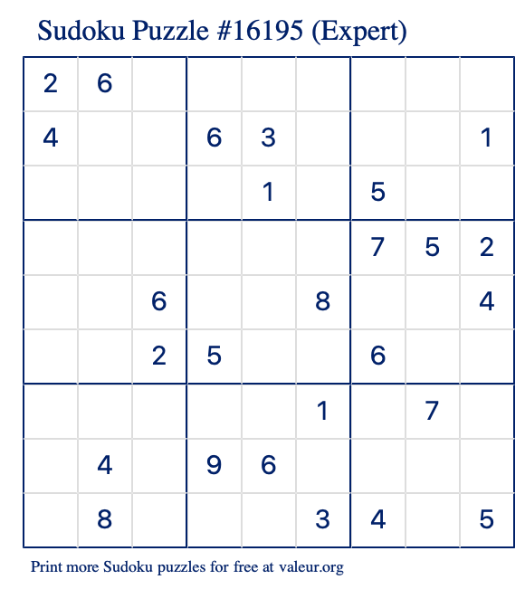 Free Printable Expert Sudoku Puzzle number 16195
