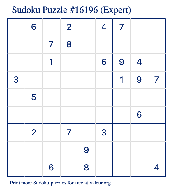 Free Printable Expert Sudoku Puzzle number 16196