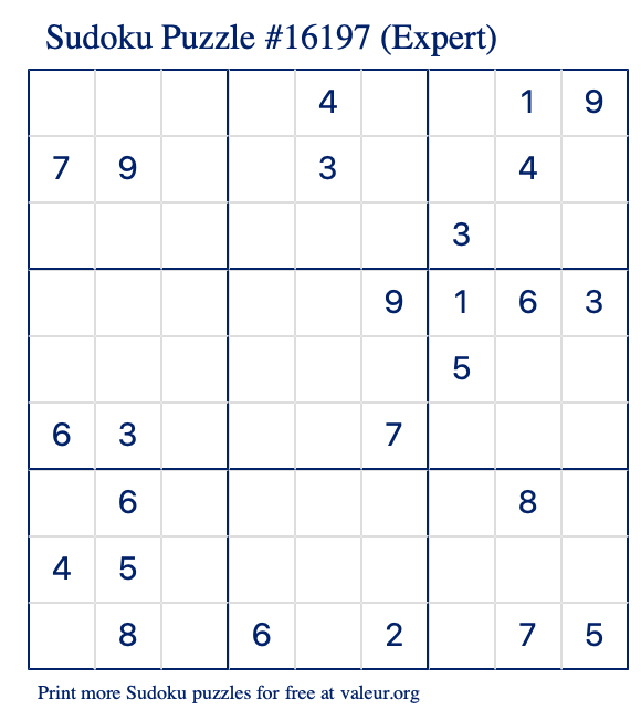 Free Printable Expert Sudoku Puzzle number 16197