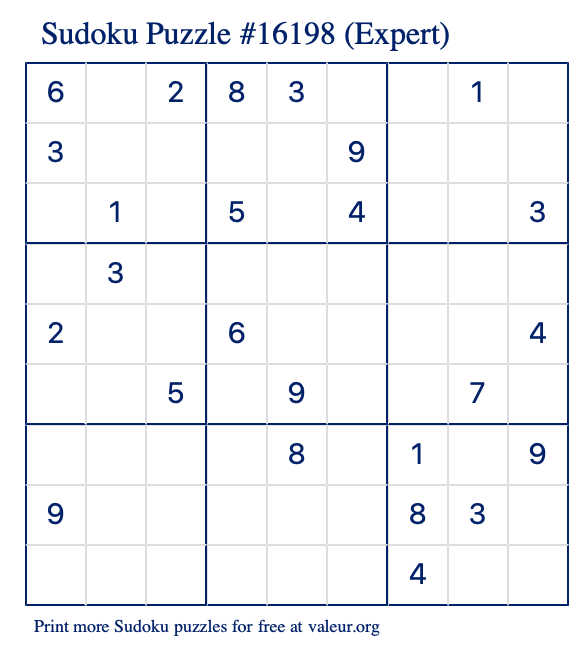 Free Printable Expert Sudoku Puzzle number 16198