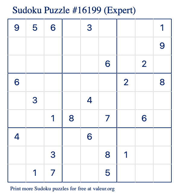 Free Printable Expert Sudoku Puzzle number 16199