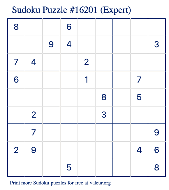 Free Printable Expert Sudoku Puzzle number 16201