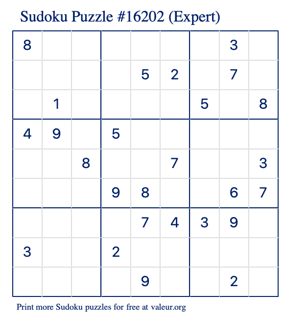 Free Printable Expert Sudoku Puzzle number 16202