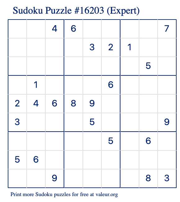 Free Printable Expert Sudoku Puzzle number 16203