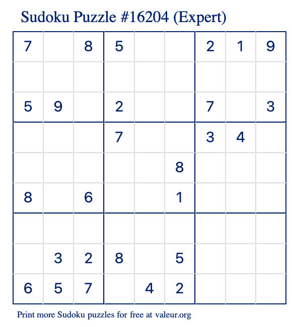 Free Printable Expert Sudoku Puzzle number 16204