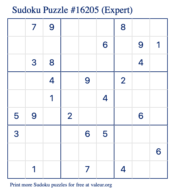 Free Printable Expert Sudoku Puzzle number 16205