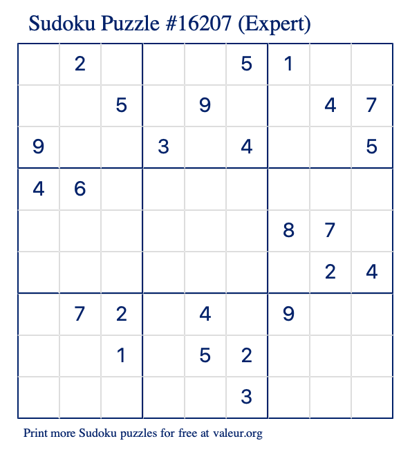 Free Printable Expert Sudoku Puzzle number 16207