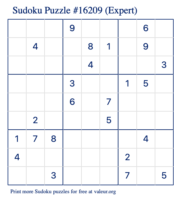 Free Printable Expert Sudoku Puzzle number 16209