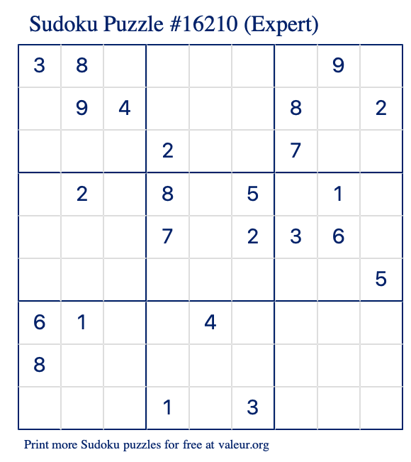 Free Printable Expert Sudoku Puzzle number 16210