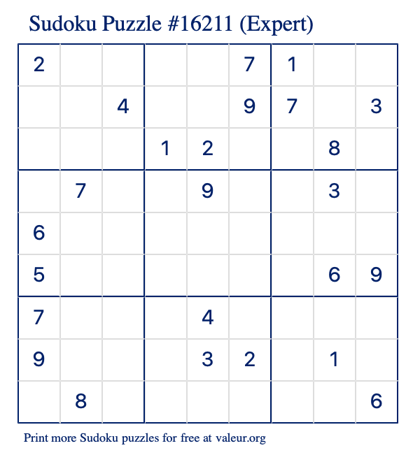 Free Printable Expert Sudoku Puzzle number 16211