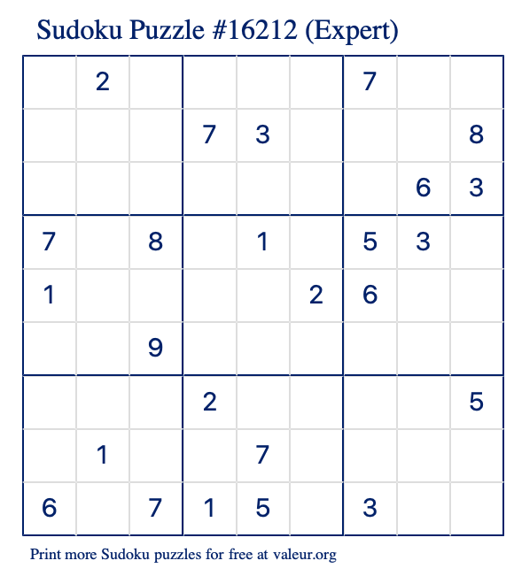 Free Printable Expert Sudoku Puzzle number 16212