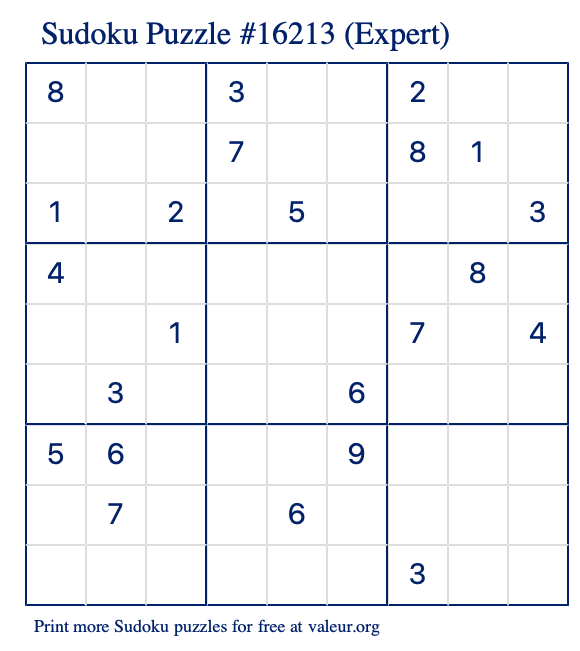 Free Printable Expert Sudoku Puzzle number 16213