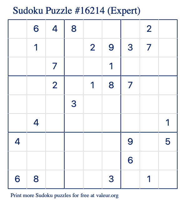 Free Printable Expert Sudoku Puzzle number 16214
