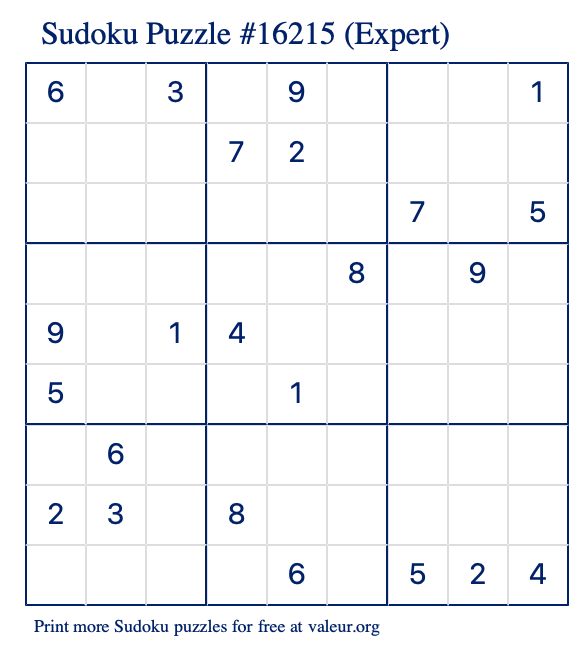 Free Printable Expert Sudoku Puzzle number 16215