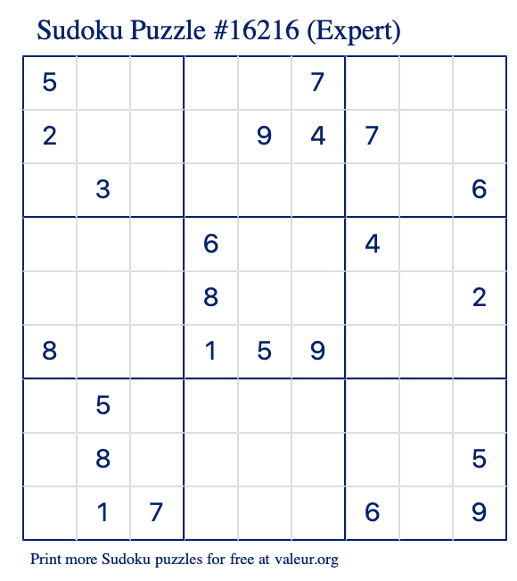 Free Printable Expert Sudoku Puzzle number 16216