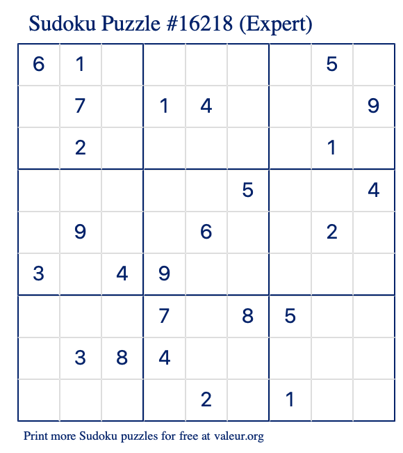 Free Printable Expert Sudoku Puzzle number 16218