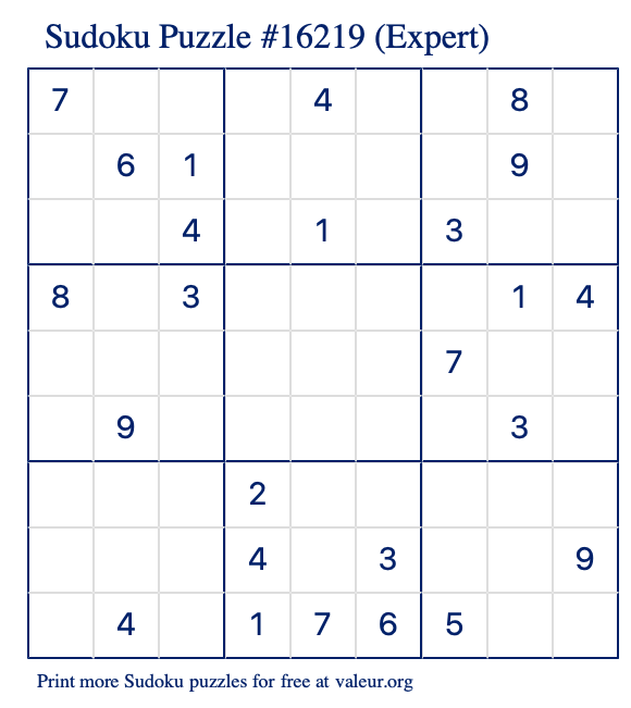 Free Printable Expert Sudoku Puzzle number 16219