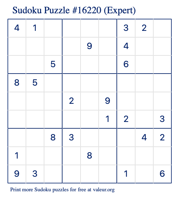 Free Printable Expert Sudoku Puzzle number 16220