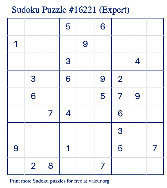 Free Printable Expert Sudoku Puzzle number 16221