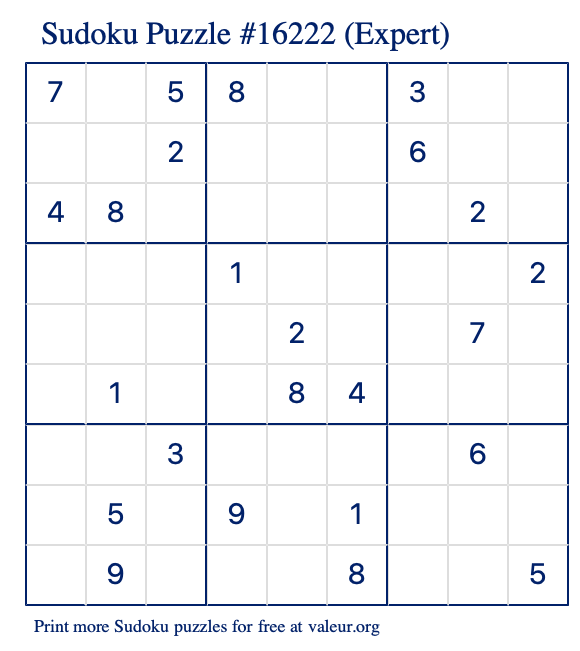 Free Printable Expert Sudoku Puzzle number 16222