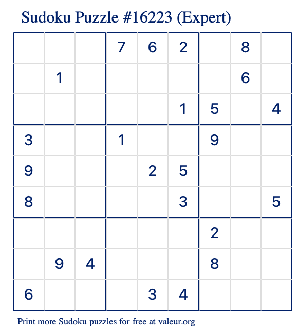 Free Printable Expert Sudoku Puzzle number 16223