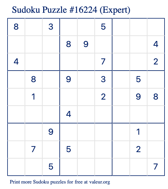 Free Printable Expert Sudoku Puzzle number 16224